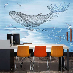 3d立体线条手绘鲸鱼，墙纸客厅电视背景墙壁纸卧室，抽象装饰壁画墙布