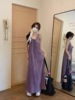 乌77紫色扎染棉麻吊带裙女V领露背长款显瘦设计感小众连衣裙