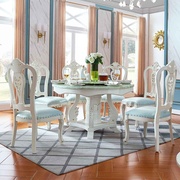 欧式大理石圆餐桌椅组合法式餐台，实木圆桌雕花圆餐桌带转盘饭桌.