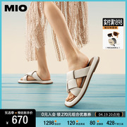 MIO米奥夏季纯色中跟时髦一字拖复古手工编织舒软云朵拖女鞋拖鞋