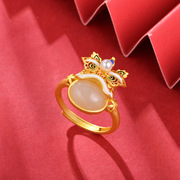 民族国风馆s纯银，镶天然和田玉舞狮戒指，国潮风首饰指环
