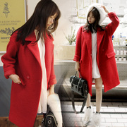 韩版宽松呢子中长款棉袄大衣气质时尚红色显瘦加棉加厚毛呢外套新