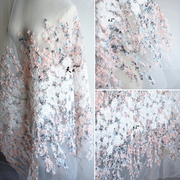 粉白色立体3D盘花刺绣欧根纱布料绣花蕾丝网布婚纱连衣裙服装面料
