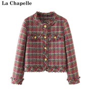 拉夏贝尔/La Chapelle春格子小香风外套圆领粗花呢大衣上衣女