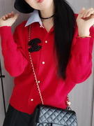小香风衬衫领红色毛衣外套，女春秋季短款洋气，内搭上衣针织开衫