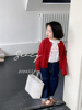 韩版2024春秋款女童，洋气红色镂空长袖，针织开衫上衣儿童休闲牛仔裤
