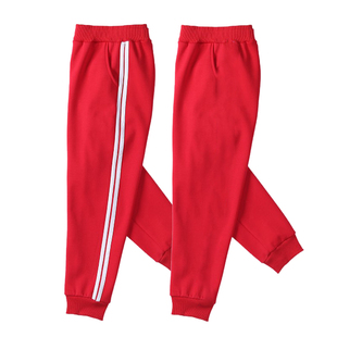 儿童红色运动裤春秋夏男女童，纯棉卫裤宽松长，裤子小学生两条杠校服