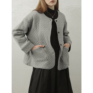 四折灰色棉服女秋冬短款加厚保暖空气层绗棉外套菱形棉衣