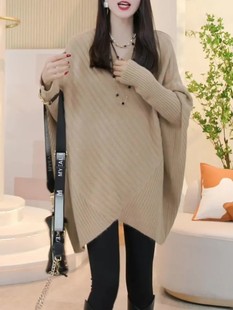 简约时尚韩版中长款毛衣，2023秋季大码宽松显瘦蝙蝠，袖针织上衣