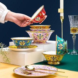 景德镇瓷器骨瓷餐具珐琅彩仿古瓷器古董古玩描金高脚富贵碗饭碗
