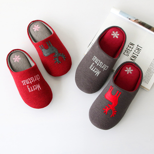 日式秋冬季情侣亲子儿童，棉拖鞋卡通圣诞鹿，男女室内家用静音拖鞋