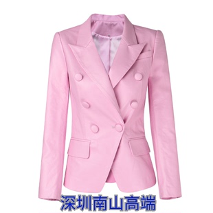 2022春秋粉色修身欧美气质通勤西装领双排扣纯色长袖西装PU皮外套