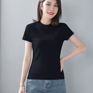 黑色修身螺纹棉短袖t恤女夏季纯色，半高领紧身显瘦体恤打底衫
