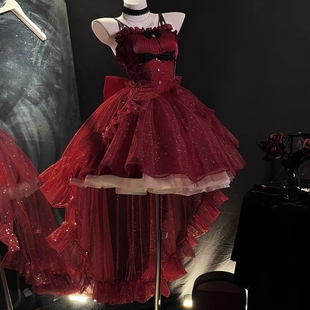  前短后长轻礼服高级星空细闪公主裙红色礼服裙Lolita连衣裙