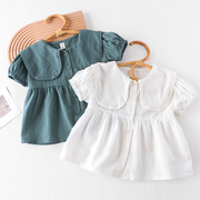 女童棉麻娃娃衫夏季洋气儿童装短袖衬衫宝宝，翻领上衣时髦小衫