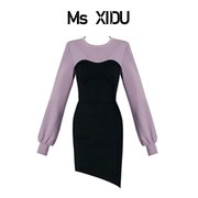 Ms XIDU烟灰紫 设计感拼接后系带垫肩收腰显瘦春夏卫衣连衣裙辣妹