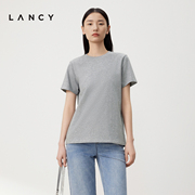 LANCY/朗姿2024夏季灰色圆领亮粉短袖t恤宽松正肩百搭上衣女