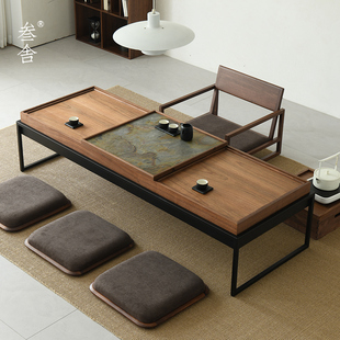 叁舍日式地台矮茶桌椅组合黑胡桃，实木新中式榻榻米阳台禅意茶台几