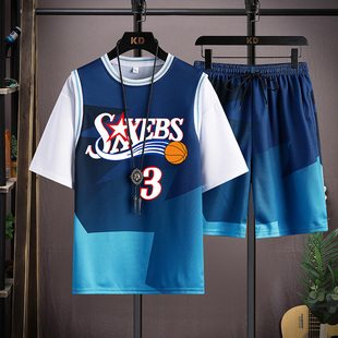 假两件篮球服套装男孩阿伦艾弗森3号球衣大童短袖短裤运动服一套