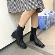 首尔留学生时装短靴女小方头OL显瘦侧拉链粗中跟通勤瘦瘦马丁靴子