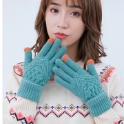 毛线触屏手套女冬季加绒加厚韩版针织五指，学生防寒保暖可爱手套