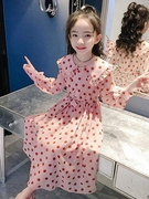 女童雪纺连衣裙2024韩版荷叶，边波点长裙小女孩清新长袖，公主裙