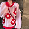 日系甜美粉色圆领毛衣女学生秋冬花朵提花套头宽松针织衫外套
