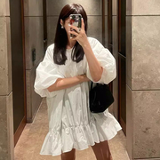 韩国chic夏季法式气质圆领宽松休闲纯色泡泡袖小个子连衣裙短裙女