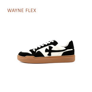 wayneflex拼色系带真皮，运动板鞋时尚，休闲透气百搭平底小白鞋
