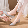 亮片鞋婚鞋女高跟新娘鞋子，结婚粗跟伴娘鞋宴会，平跟舞台演出鞋金色