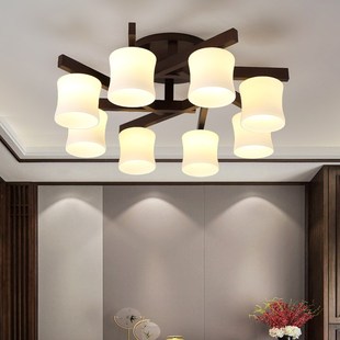 新中式吊灯LED中国风客厅灯3/5/8头餐厅卧室书房间灯胡桃木色创意