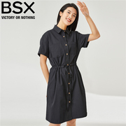 BSX裙子女装纯棉绑带束腰短袖衬衫连衣裙 05462319