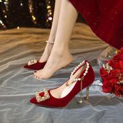 细跟结婚鞋女2024红色中式秀禾婚纱两穿新娘敬酒服低高跟单鞋