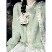 绿色花边设计感针织毛衣，开衫女2024春季文艺，复古慵懒外套上衣