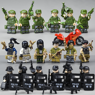 中国积木男孩反恐特种兵军事基地，装甲车人仔警察小人拼装儿童玩具