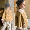 姜黄色女童羊羔毛保暖机车服棉衣2023年冬装复古儿童加绒棉袄外套