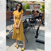 黄色v领雪纺海边度假连衣裙2024女装高级感气质，修身裙子夏季