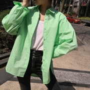 韩国绿色棉衬衫女长袖宽松大版中长款百搭薄款橘色开衫潮2021春