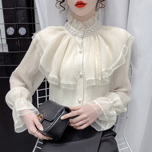 法式立领雪纺长袖衬衫女设计感小众衬衣，拼接蕾丝喇叭袖荷叶边上衣