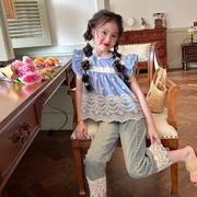 童装女童蓝色小飞袖衬衫蕾丝儿童边夏季时髦娃娃衫