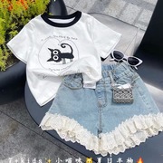 韩版女童装儿童夏季时髦可爱猫咪T恤宝宝上衣蕾丝花边短裤牛仔裤