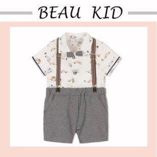 Beau KiD婴儿服套装 白色纯棉衬衫蝴蝶领结灰色松紧短裤 条纹背带