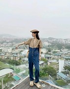 韩国女装拼接西装牛仔连体衣裤2021春宽松短袖套装