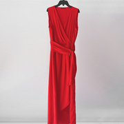 出口单 仿真丝V领无袖收腰显瘦 红色丝滑垂感系带连衣裙长款裙子