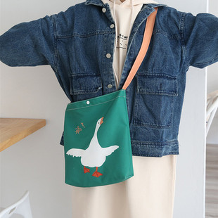 搞怪大白鹅墨绿色帆布包两面图手提单肩包学生书包环保购物袋