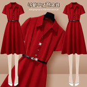 红色衬衫连衣裙女夏季女装2023年高级感夏装气质修身长裙子夏