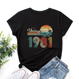 欧美女装woment-shirt纯棉宽松薄款短袖圆领t恤女1981风景印花