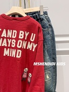 23zui日系dd童装，秋季儿童红色熊猫长袖t恤男女童贴布打底衫