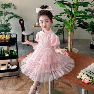 女中小童连衣裙中国风，女孩旗袍夏装，2024洋气泡泡袖网纱裙洋气