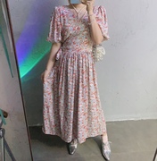 ！韩国东大门2023夏季女装v领小碎花系带短袖雪纺连衣裙